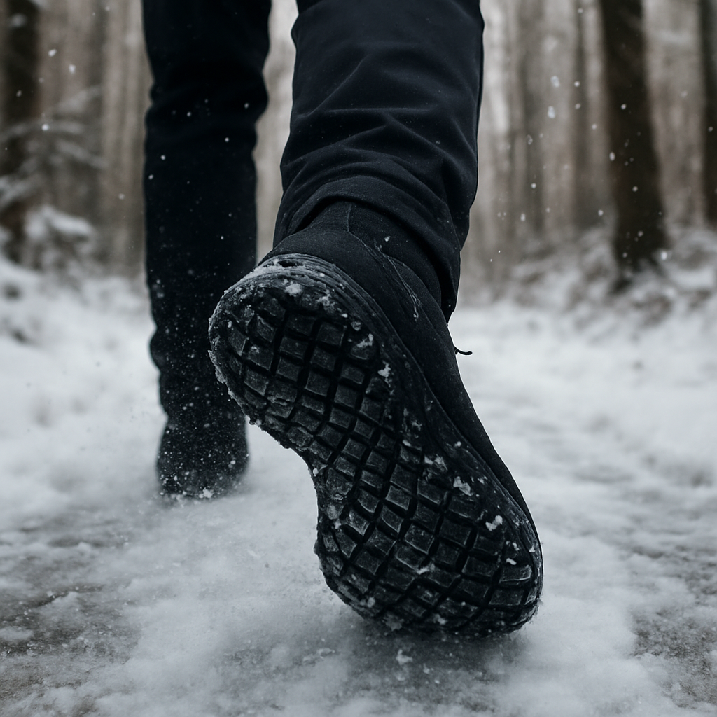 A person walking on an icy forest trail wearing sleek barefoot winter shoes, snow swirling around the feet, close-up of the textured sole. Alt: barfota skor vinter grepp på is.