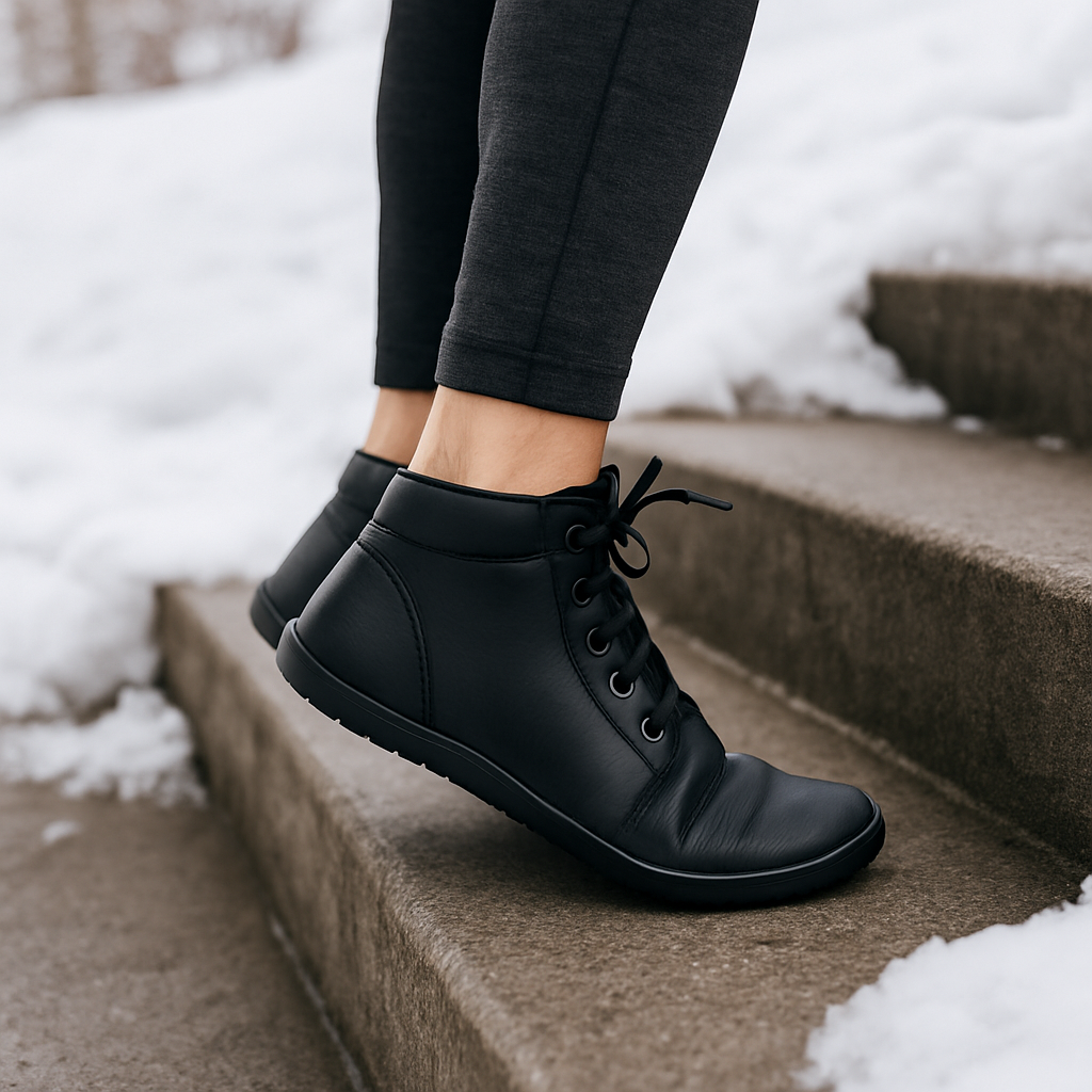 En närbild av en person som gör tåhävningar på en trappa med barfotakängor, snö i bakgrunden. Alt: träningsövning för fötter med barfotakängor i vintermiljö.