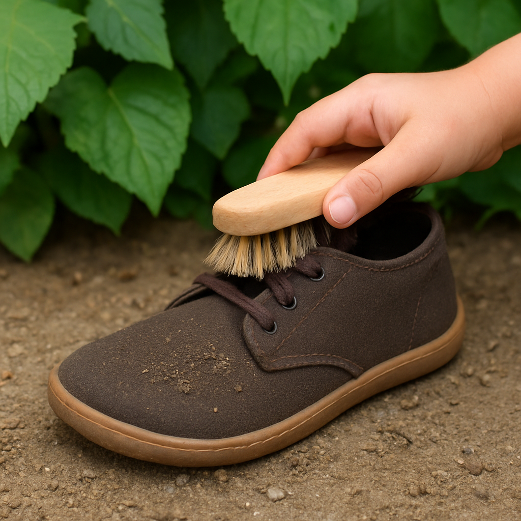 En liten hand borstar mjukt av sand och jord från en barfotasko med gröna löv i bakgrunden. Alt: barfotaskor barn skötsel och underhåll