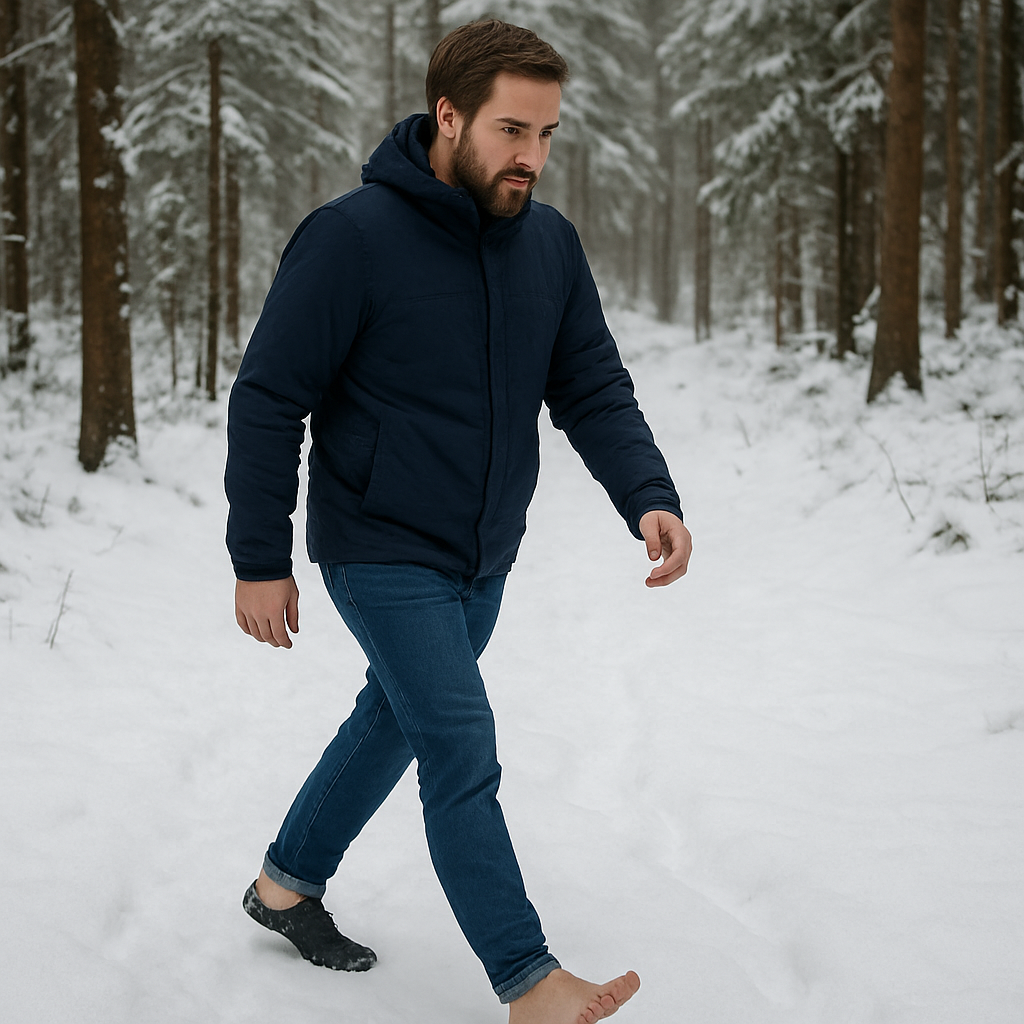 A man walking barefoot in a snowy forest, wearing TJÅKKO barefoot shoes. Alt: barfotaskor herr naturlig rörelse i vinterlandskap.
