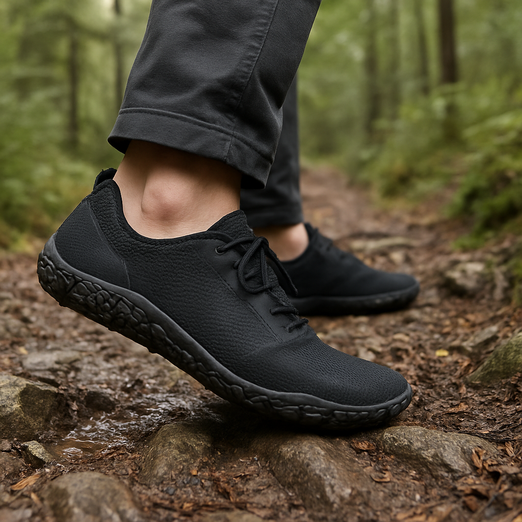 A man wearing minimalist barefoot shoes on a forest trail, showing the flexible sole gripping rocks and mud. Alt: barfotaskor herr i naturlig terräng