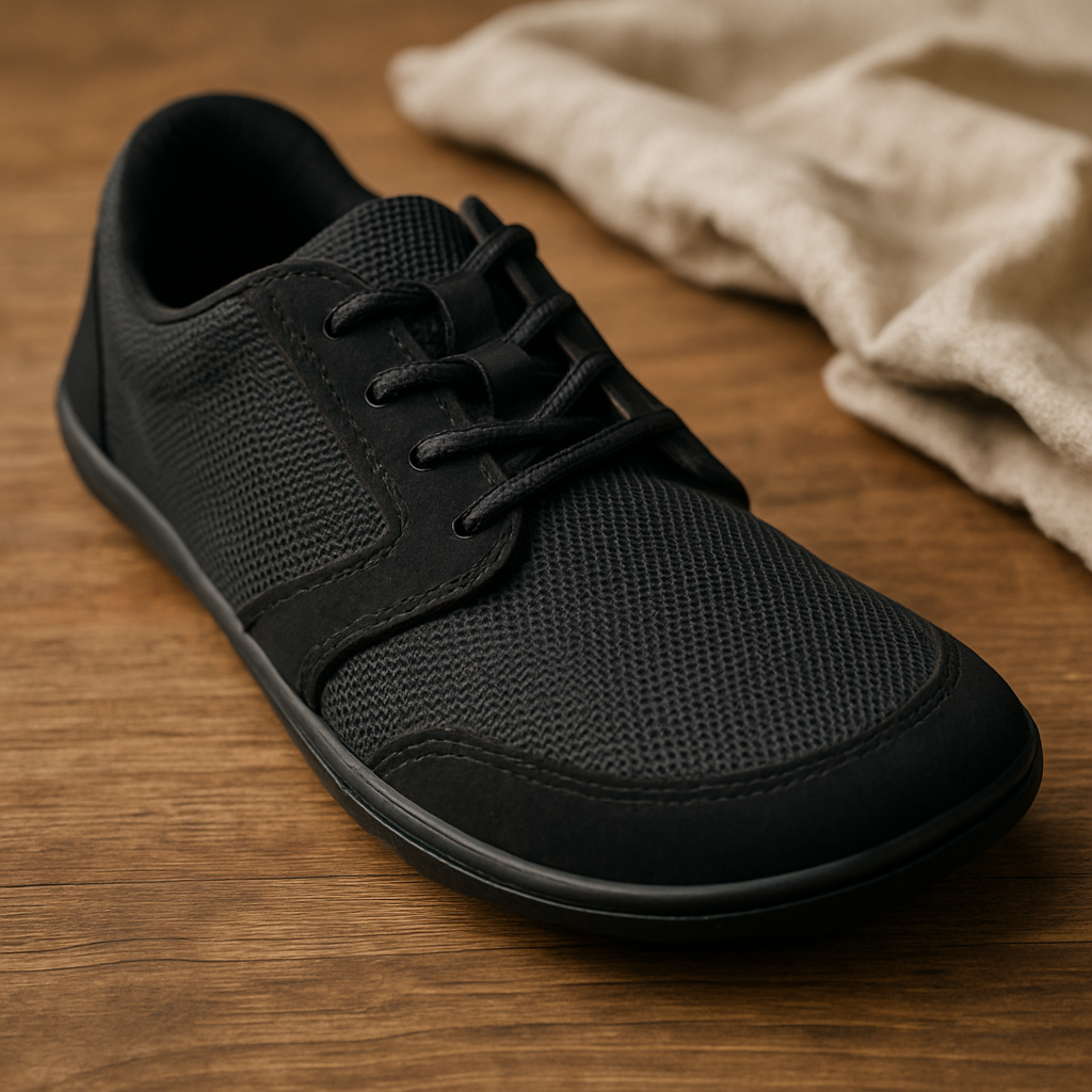 En närbild av en ren barfotasko liggande på ett träbord med en mjuk trasa i bakgrunden. Alt: barfotaskor stockholm butik underhåll