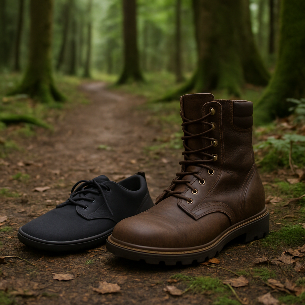 Barfotaskor och Samelin-kängor sida vid sida i skogsmiljö i Malmö. Alt: jämförelse av barfotaskor och Samelin-kängor i naturlig miljö som visar tydliga skillnader i design och användningsområde.