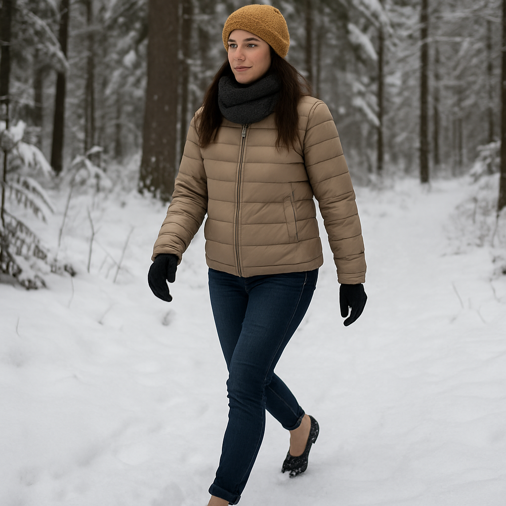 En kvinna i vinterkläder som går på ett snötäckt skogsstig med minimalistiska barfotaskor, snön sprakar under hennes fötter. Alt: barfotaskor vinterpromenad för kvinnor, naturligt grepp i snö.
