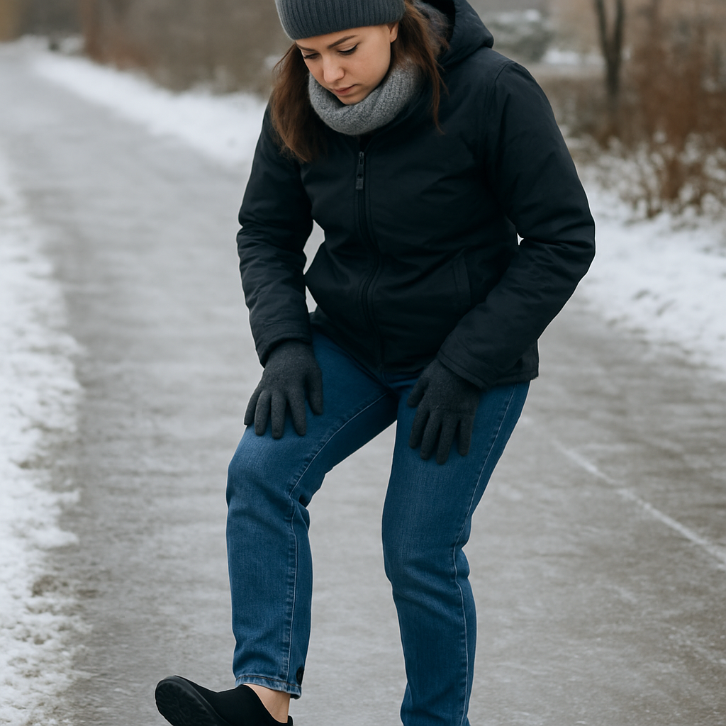 En kvinna i vinterkläder står på ett isigt trottoar med barfotaskor, ser på sina fötter och kontrollerar greppet. Alt: barfotaskor vinterpromenad för kvinnor, säkerhet och underhåll under kalla förhållanden.