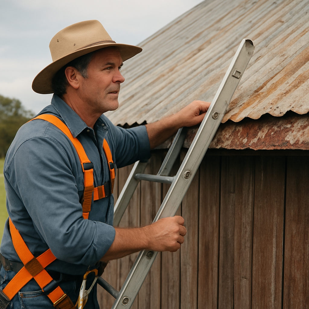 A farmer inspecting a barn roof from a ladder, showing close‑up of rusted flashing and a safety harness. Alt: barn roof repair safety inspection, farmer on ladder, rusted flashing, rural NSW.