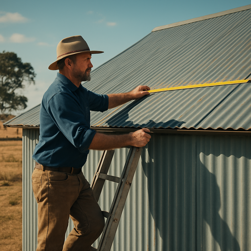 A farmer standing on a ladder, measuring a Colourbond barn roof with a tape measure, sunny outback landscape. Alt: Measuring barn roof for replacement cost assessment.