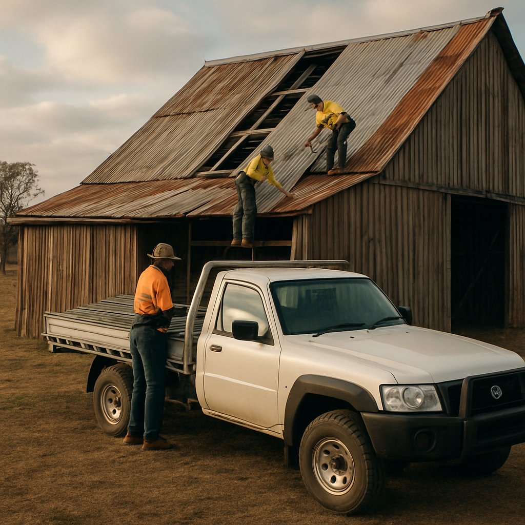 A 4x4 truck parked at a remote barn with workers loading roofing sheets onto the vehicle. Alt: barn roof replacement cost labour and logistics