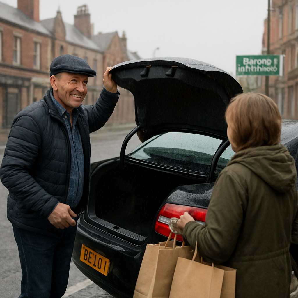 A friendly local taxi driver opening the boot for a passenger with shopping bags on a rainy Barrow in Furness street. Alt: Barrow in Furness taxi local driver helpful service
