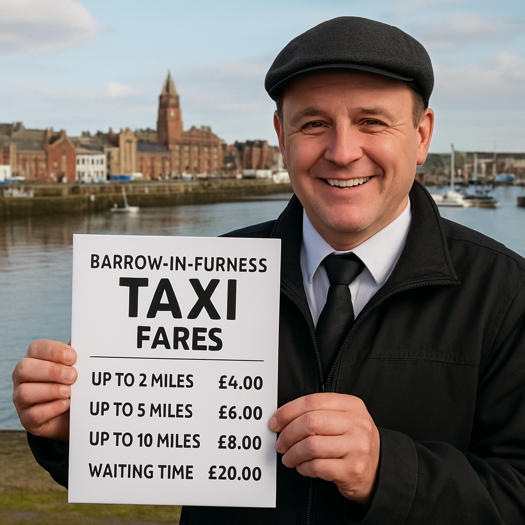 A friendly Barrow in Furness taxi driver holding a price list, with a scenic view of the town’s harbour in the background. Alt: Barrow in Furness taxi fare guide with driver showing rates