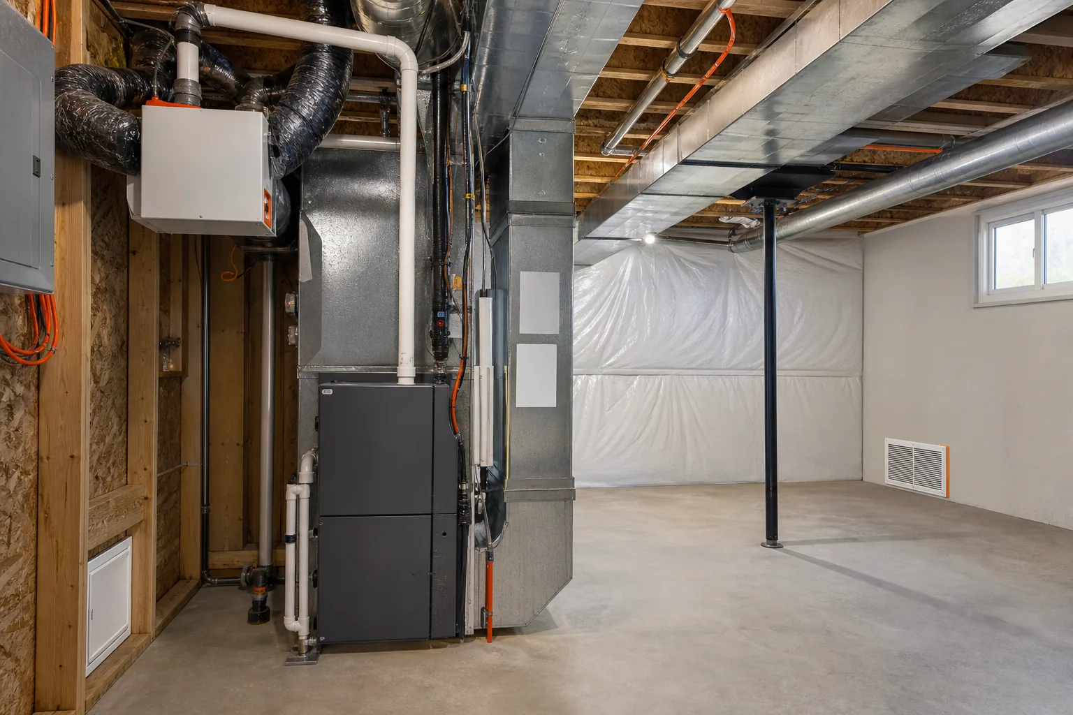 Basement mechanical ventilation and HVAC duct layout.