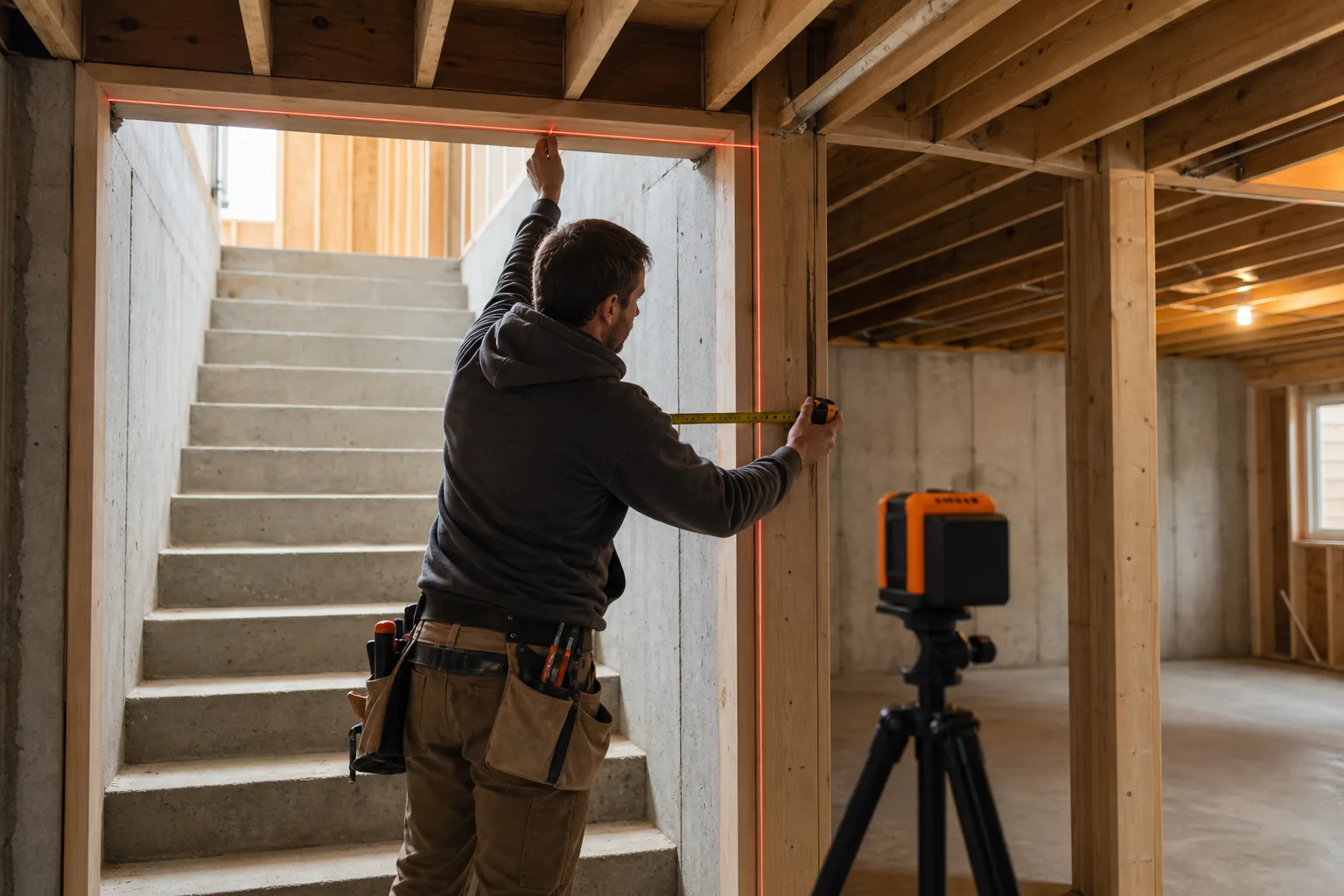 contractor measuring basement egress stair width and headroom in Utah