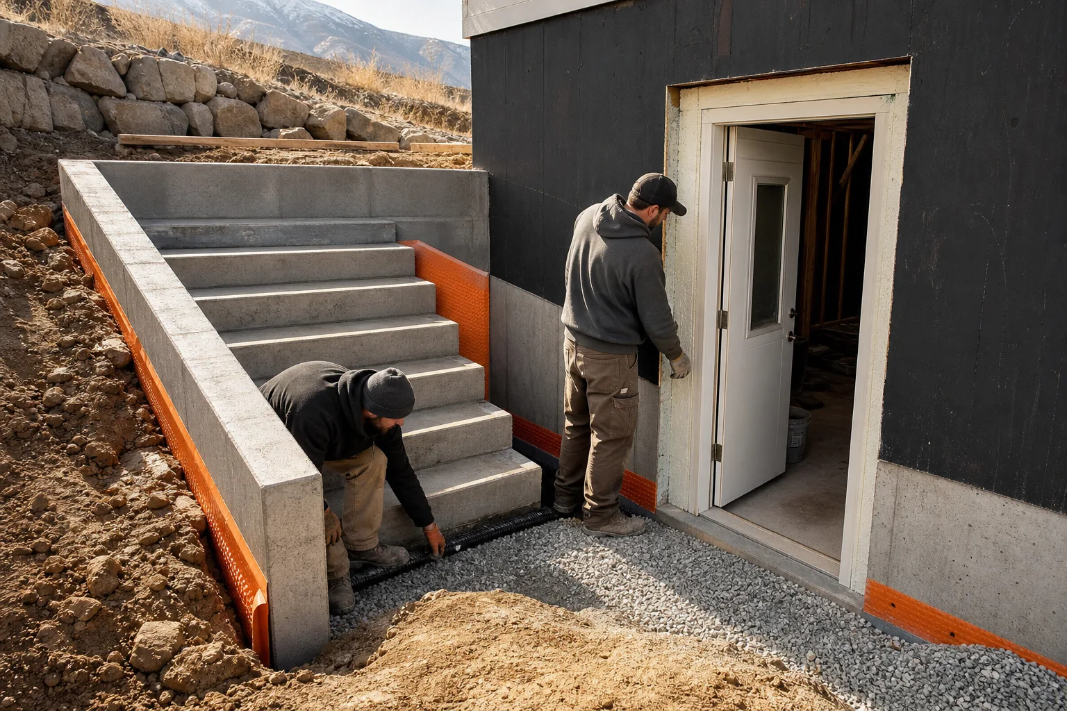 basement walkout stairs with drainage and durable construction in Utah