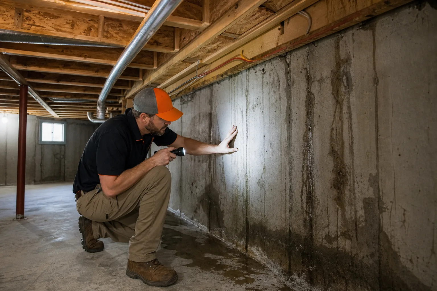 contractor inspecting basement foundation before insulation