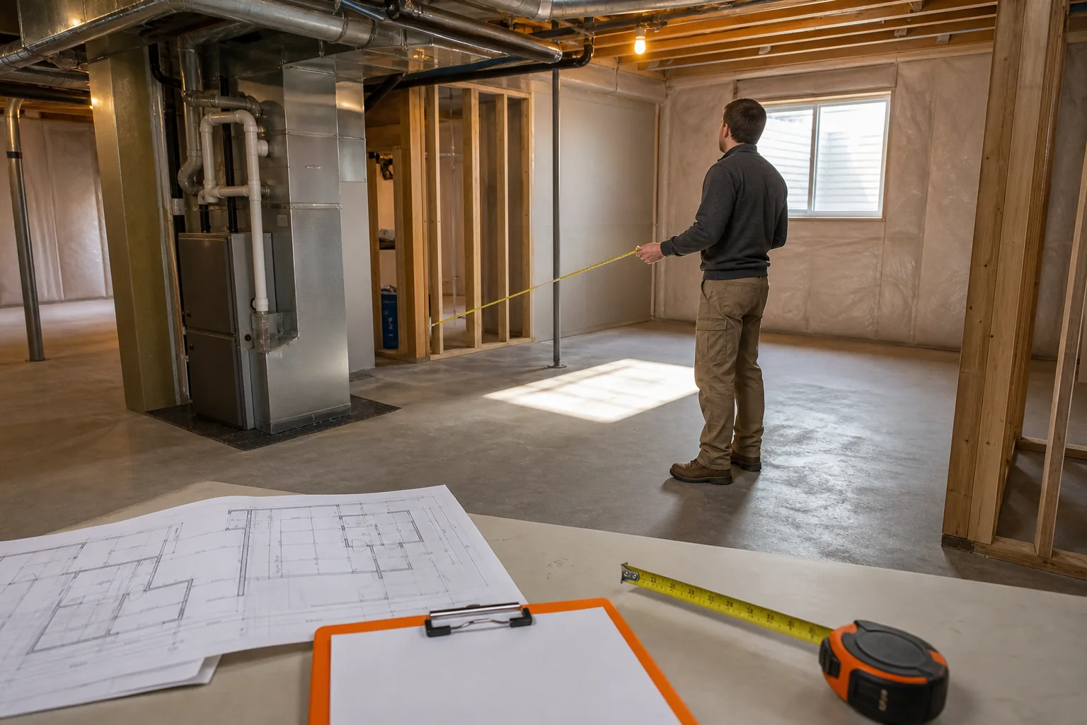 Utah basement finishing timeline checklist with contractor measuring unfinished basement.