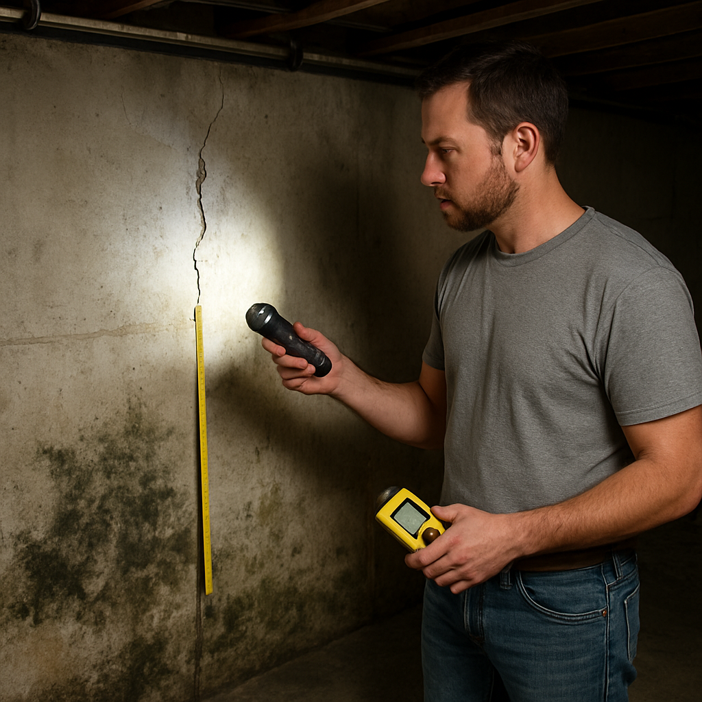 A photorealistic scene of a homeowner standing in a basement, holding a tape measure and a digital moisture meter next to a cracked wall, with a flashlight illuminating the crack. The setting shows a concrete floor and visible mold patches. Alt: Basement inspection tools.