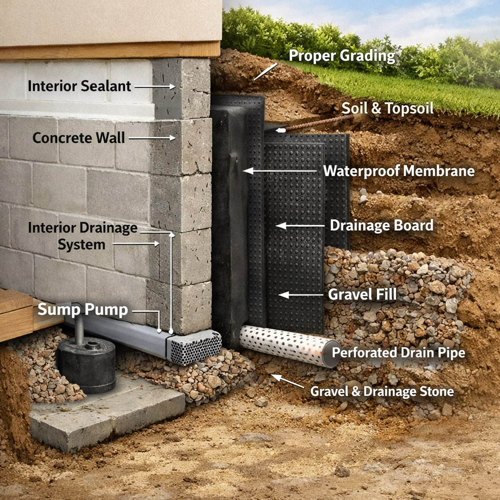 A realistic illustration of a basement wall cross‑section showing different waterproofing layers , interior sealant, membrane, drainage board, and exterior grading. Alt: basement waterproofing method layers diagram.