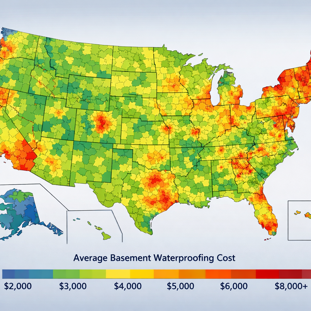 A realistic map view showing cost gradients across US zip codes for basement waterproofing, with warmer colors in high‑cost areas. Alt: US regional basement waterproofing cost map.