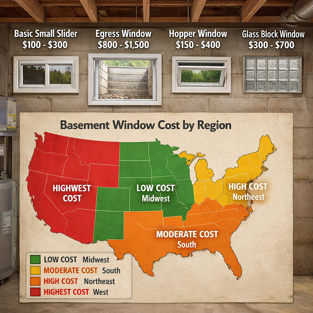 A realistic illustration of a basement with different window types labeled by cost range, showing a map of the US with color‑coded regions. Alt: regional basement window cost map
