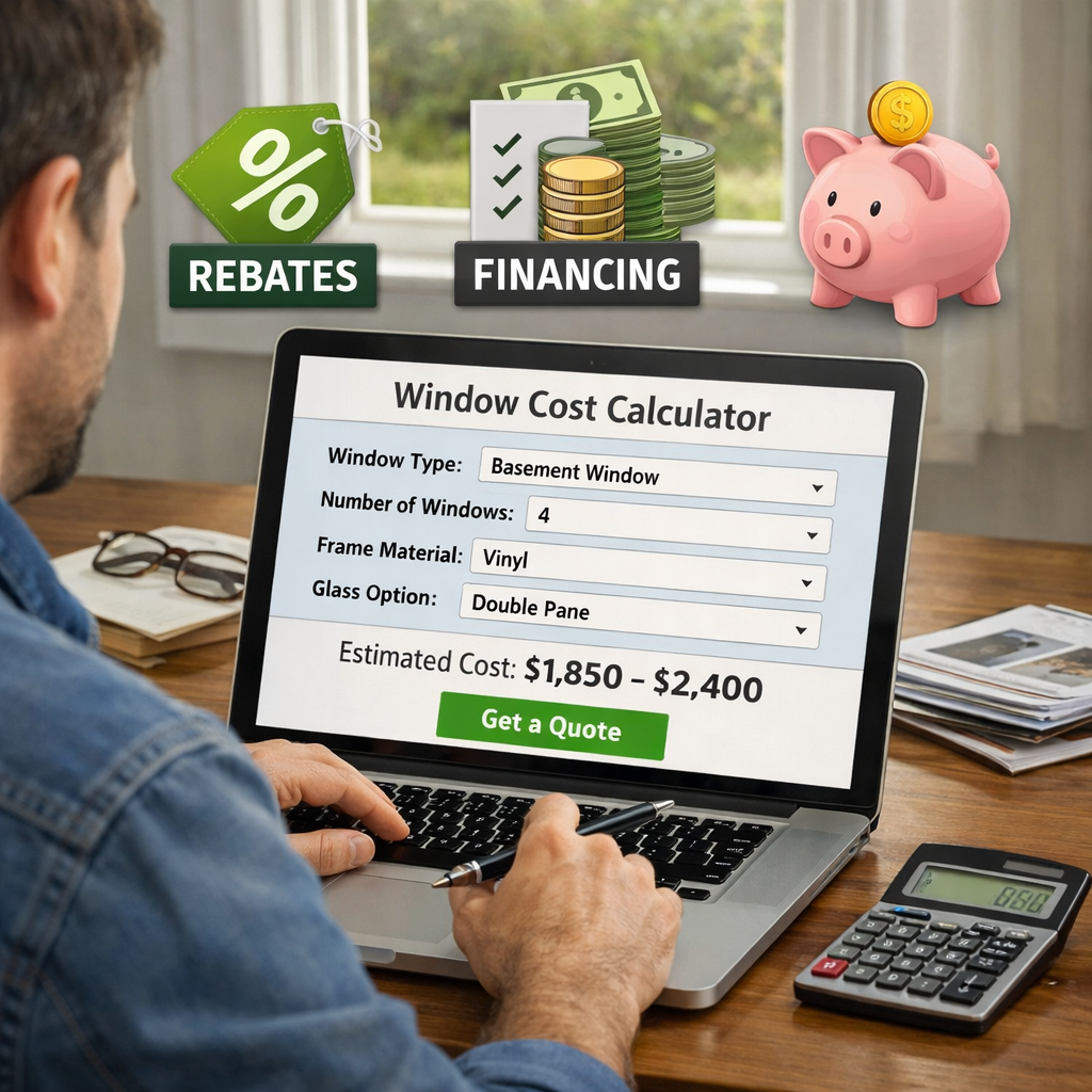 A realistic illustration of a homeowner using a laptop to calculate window costs on a calculator tool, with icons for rebates, financing, and a piggy bank. Alt: cost‑saving resources for basement windows