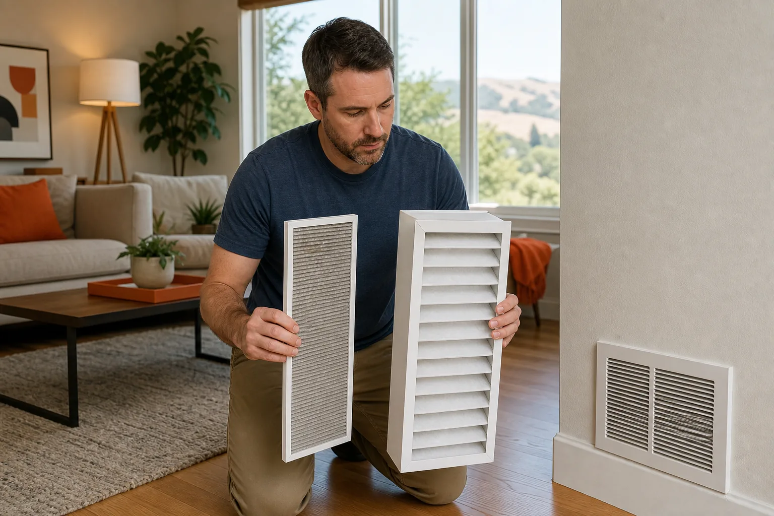 Homeowner comparing HVAC filter thickness and replacement intervals.