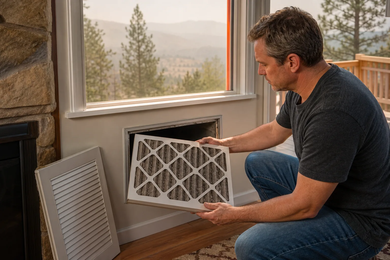 Dirty HVAC filter inspection during Northern California dust and smoke season.