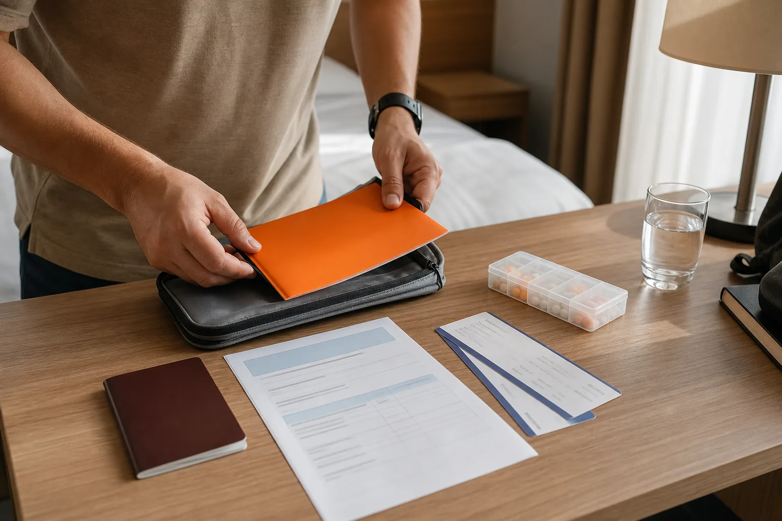 Checking travel medical insurance documents before leaving for Europe.