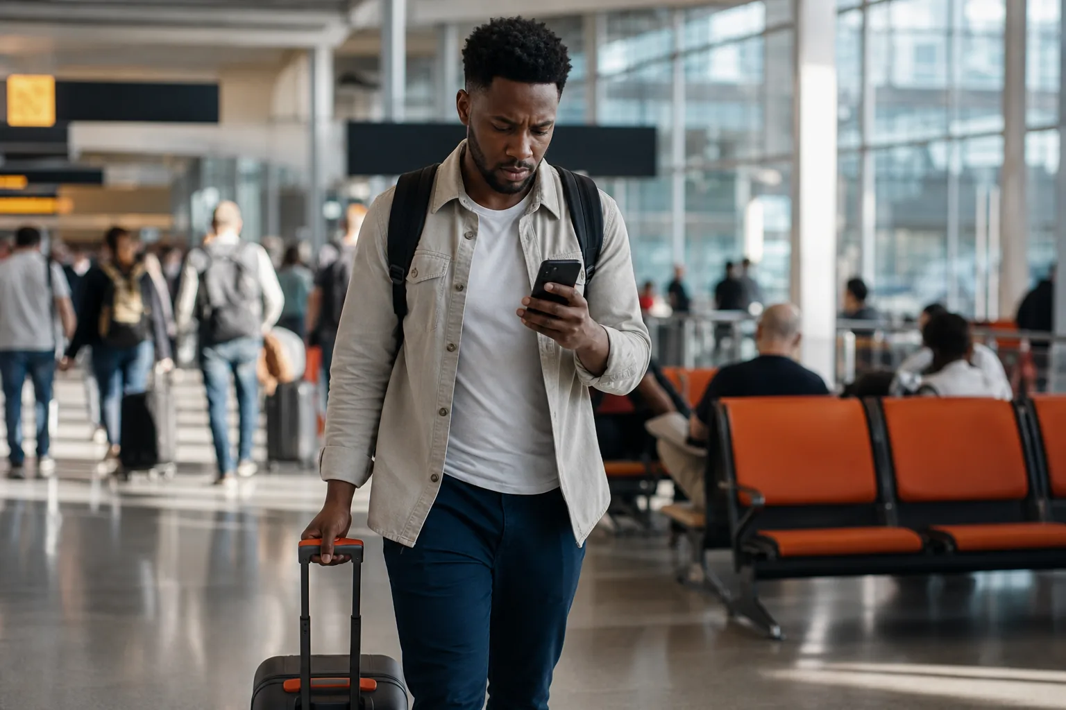 Traveler receiving gate change and delay alerts at an airport