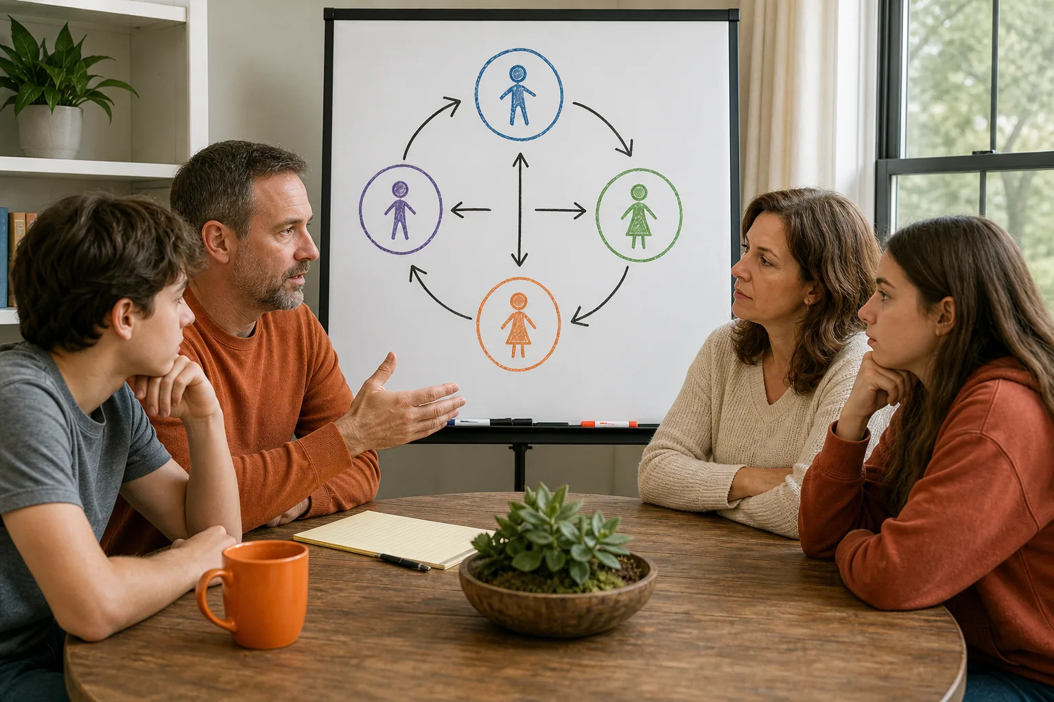 A realistic illustration of a family sitting around a table with a hand‑drawn circular diagram of conflict cycles on a