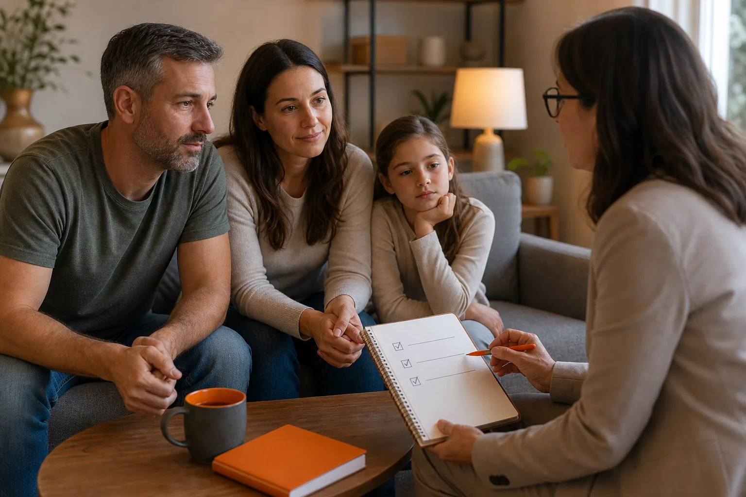 A realistic scene of a therapist guiding a family through an attachment‑needs worksheet, with warm lighting, a coffee table