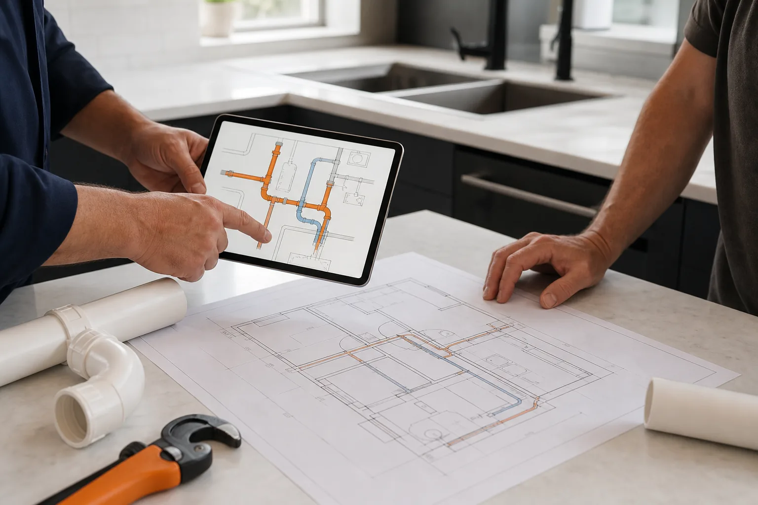 Plumber and homeowner planning drain maintenance