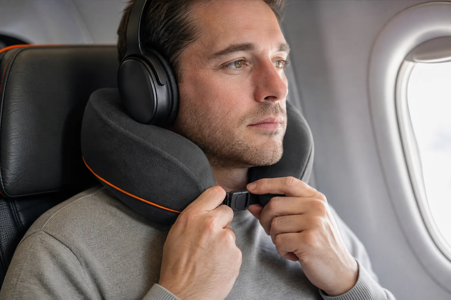 Adjusting a travel neck pillow strap on an airplane