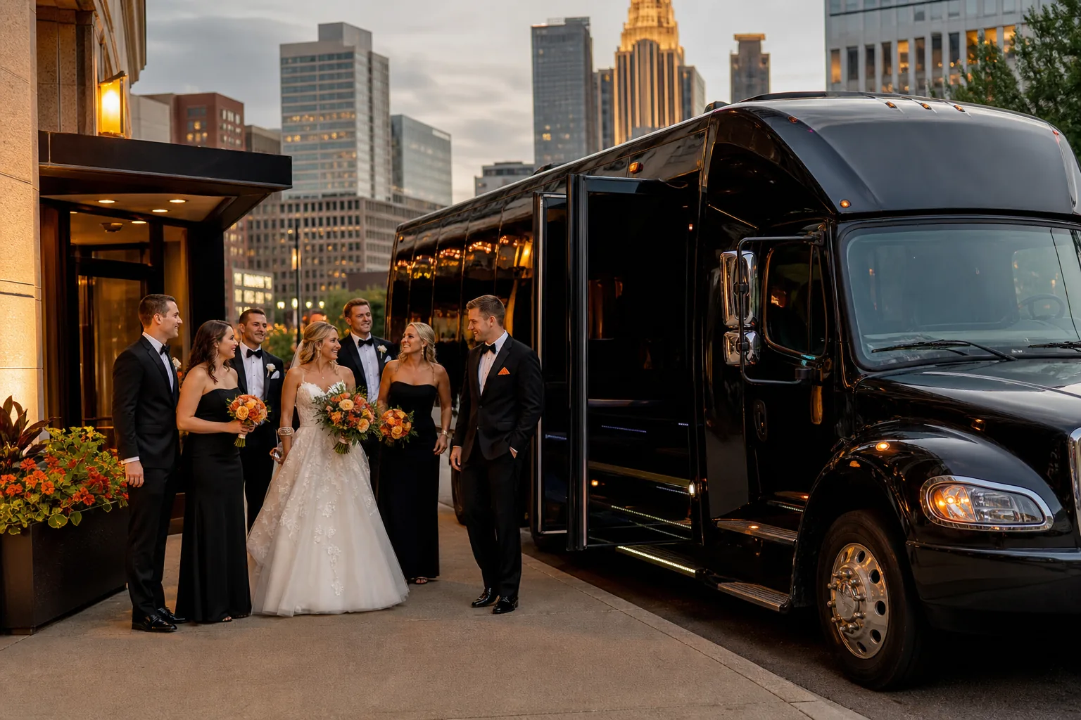 Minneapolis wedding party transportation beside a chauffeured party bus