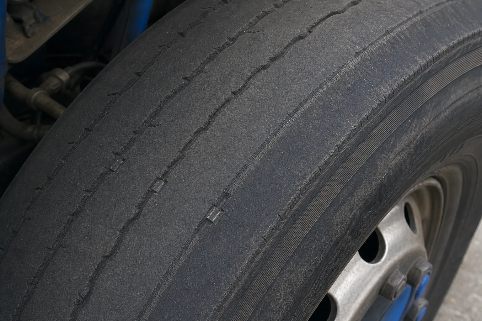Tire wear indicators and uneven wear on a commercial truck tire