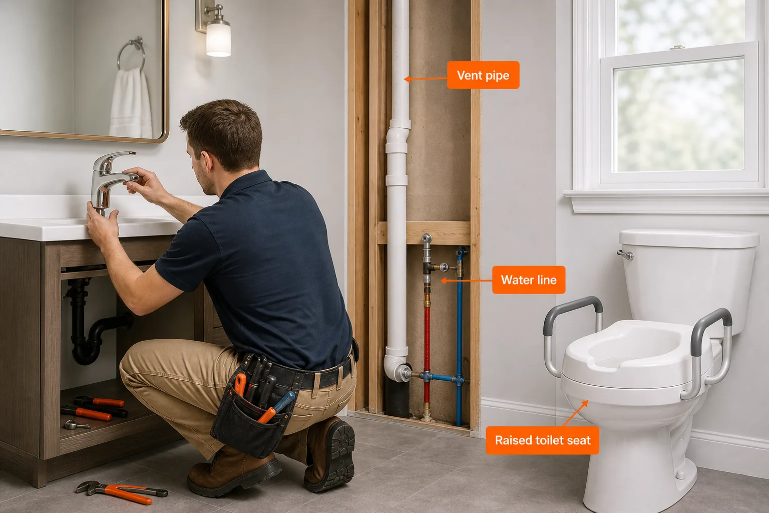 Plumber installing bathroom fixtures with code compliance notes