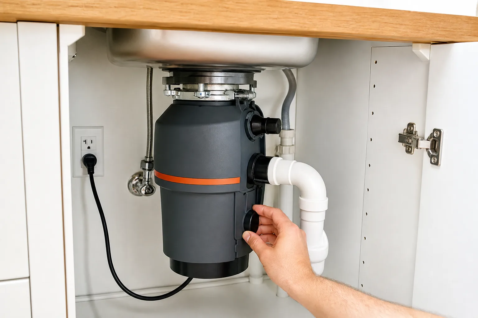 A realistic kitchen sink with a garbage disposal unit, showing the power plug and a hand turning a knob, bright lighting