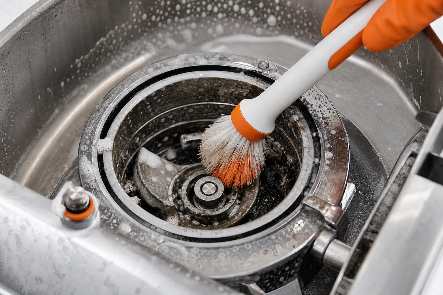 Close-up of a stainless steel splash guard and grinding chamber being scrubbed with a brush, showing suds and debris