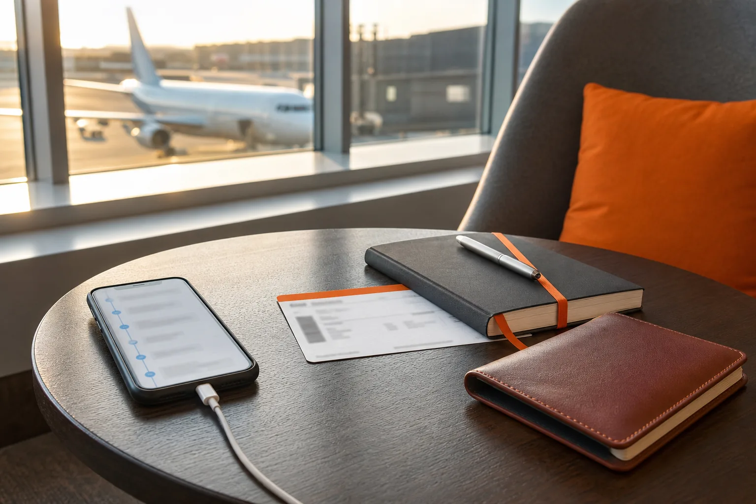 Organized travel itinerary with booking confirmations and travel documents.