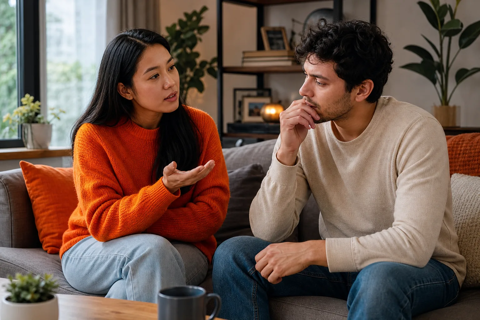 Couple using open‑ended questions to explore feelings