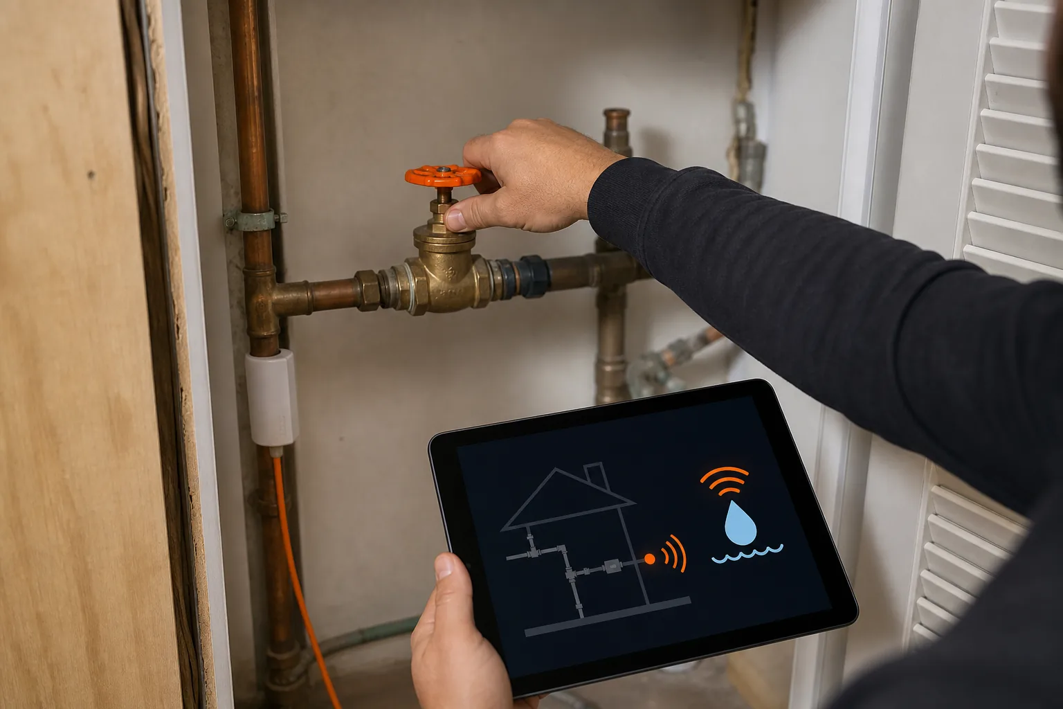 Homeowner shutting off water after smart sensor alert.
