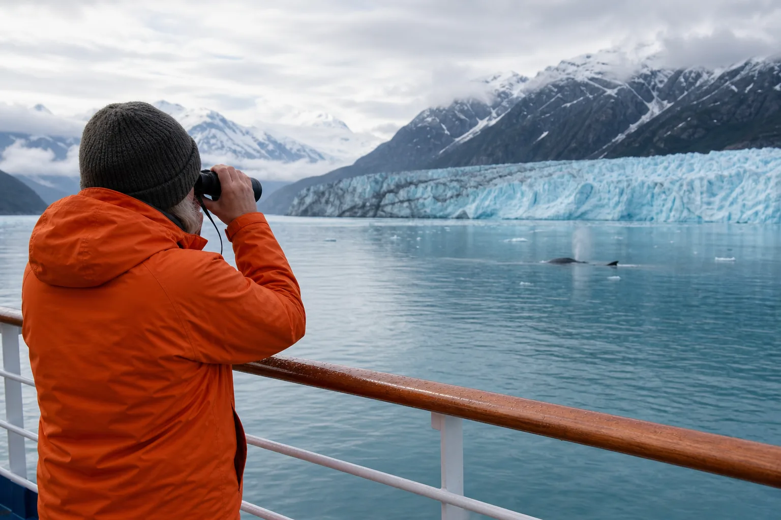 Traveler using binoculars on an Alaska cruise deck