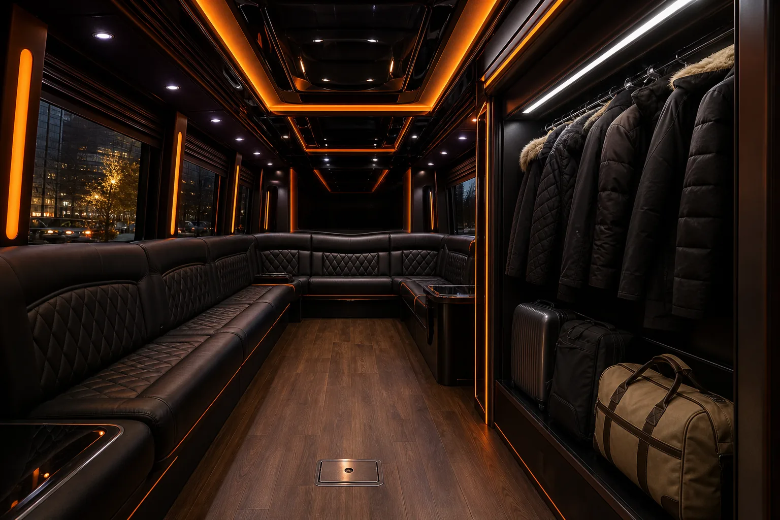 Party bus seating and luggage space in Minneapolis