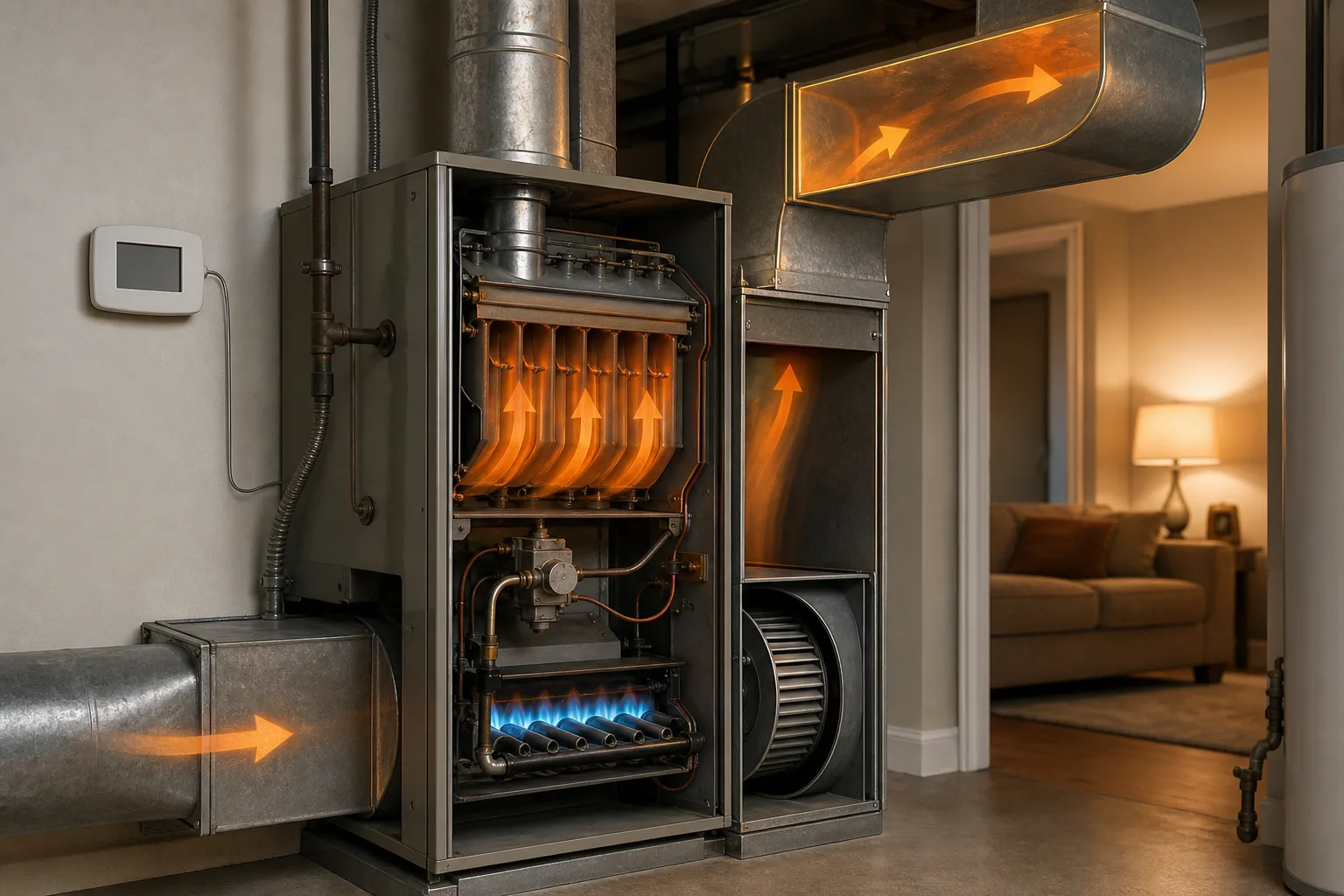 How a gas furnace cycle moves heat from the burner through the heat exchanger and ducts.