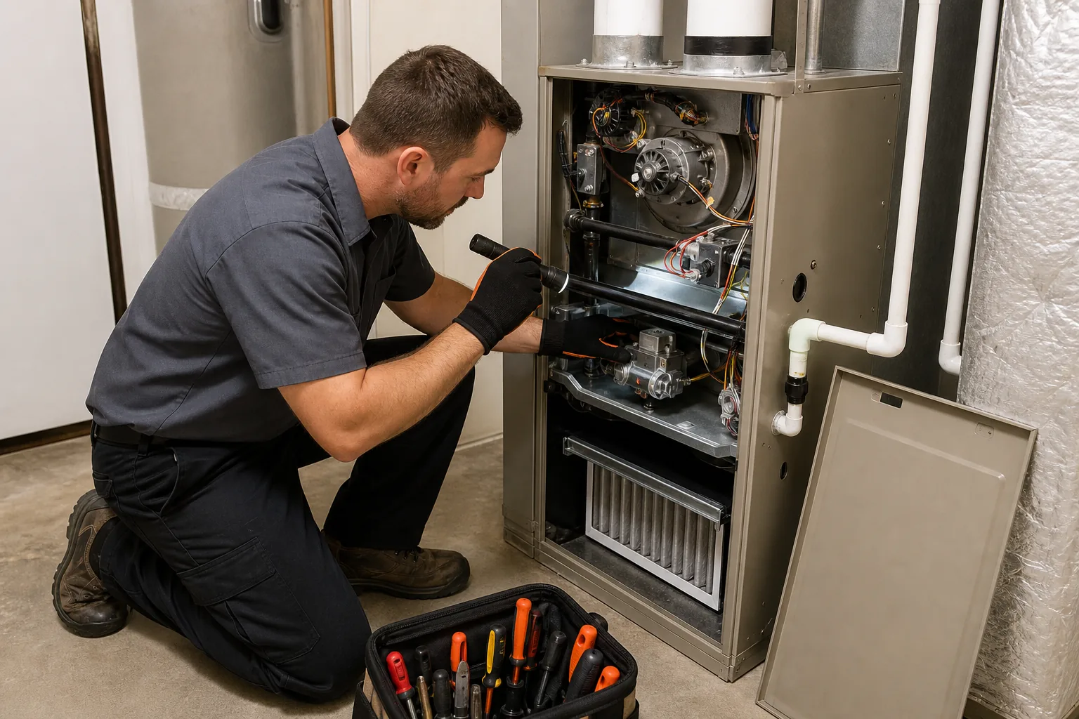 HVAC professional checking furnace safety parts, airflow, heat exchanger, and condensate drain.