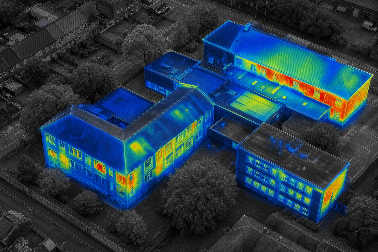Building fabric heat loss assessment aerial thermal view.