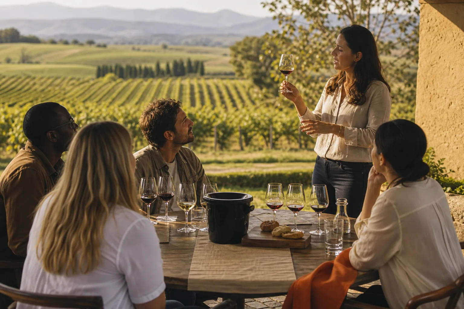 Travelers comparing wine tour destinations and tasting styles