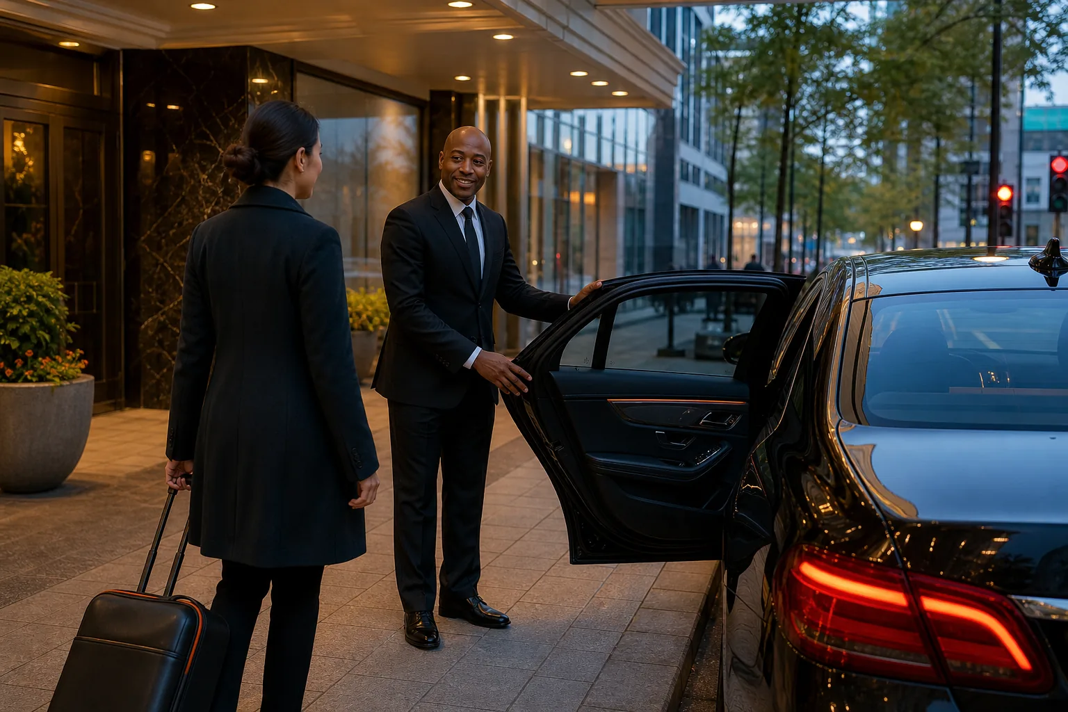 Chauffeur preparing a luxury sedan pickup in Minneapolis.