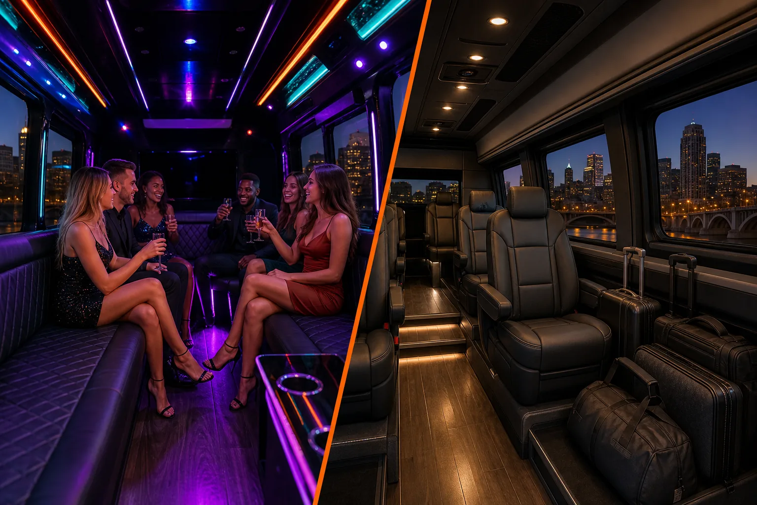 Compare party bus amenities, seating, luggage space, and rental inclusions