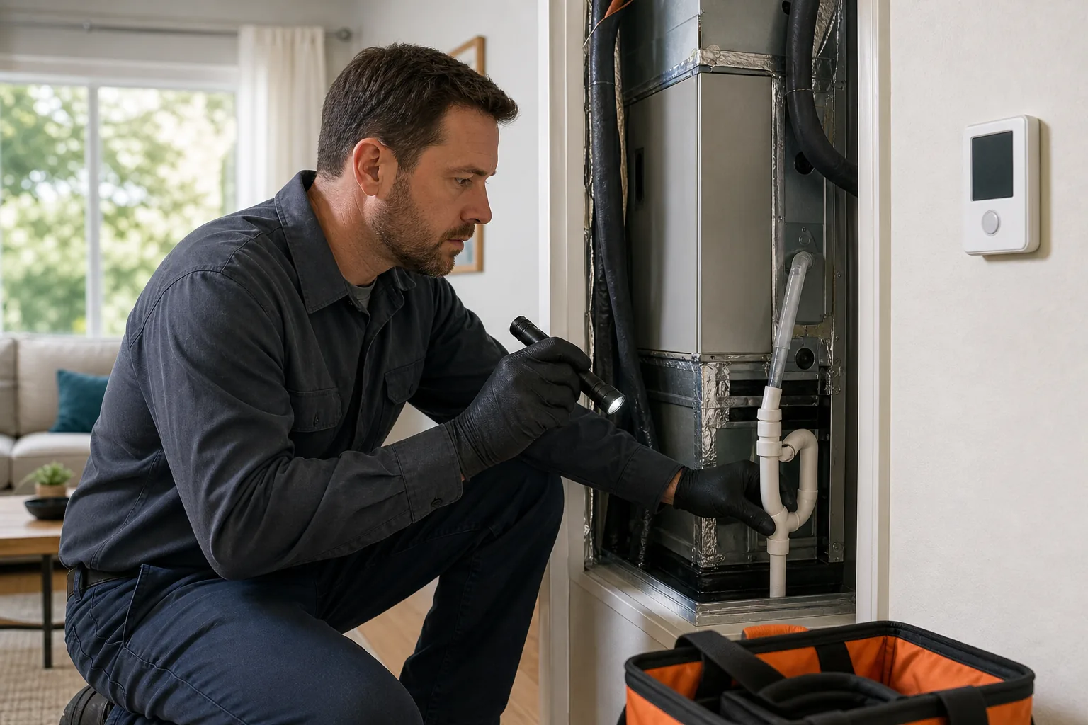 HVAC inspection for high indoor humidity, condensate drain, ventilation, and dehumidifier service