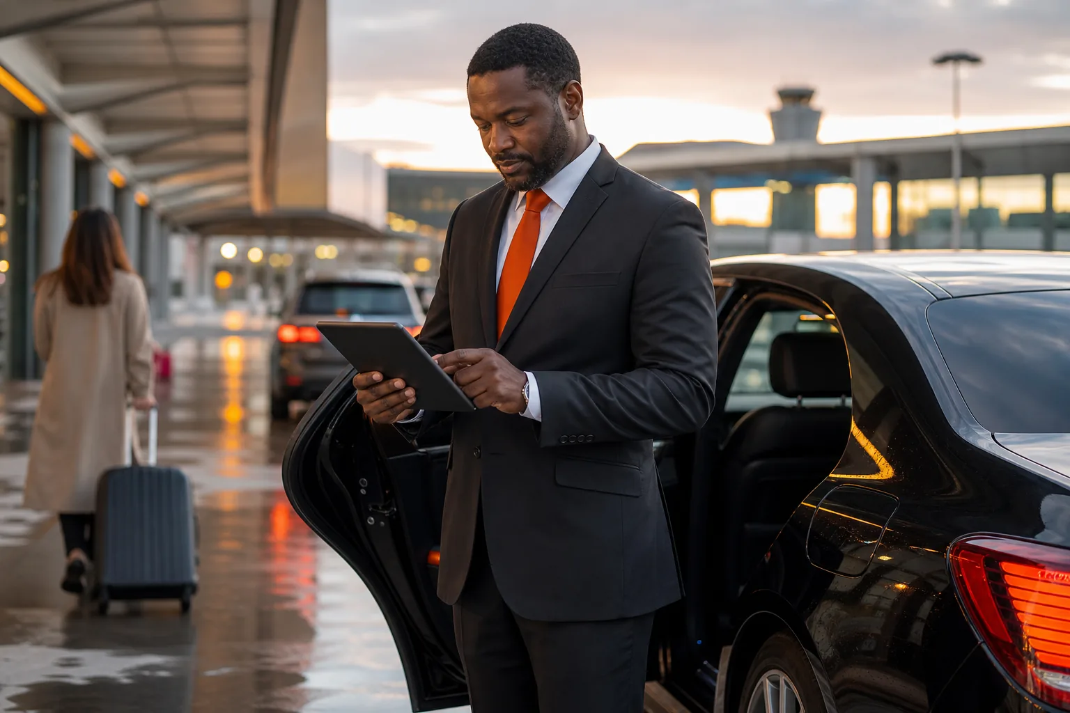 Chauffeur confirming luxury Minneapolis airport transfer details
